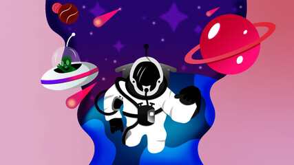 astronaut floating in colorful space full of stars with comets, planets, spaceship and giant planet in the background © PedroDonizete