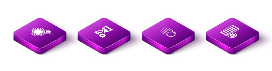 Set Isometric Processor setting, Hourglass, Stopwatch and Mobile Apps icon. Vector