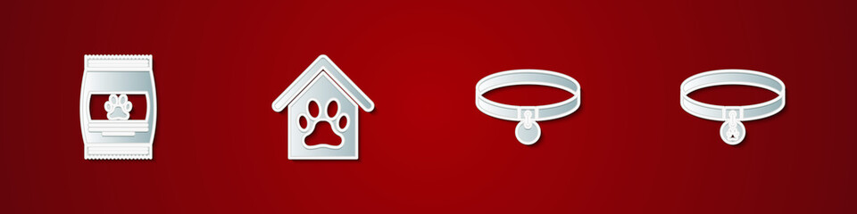 Set Bag of food for pet, Dog house and paw print, Collar and with name tag icon. Vector