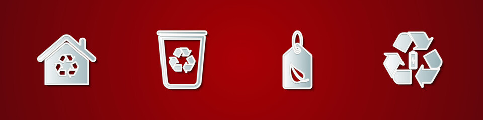 Set Eco House with recycling, Recycle bin recycle, Tag leaf and Battery icon. Vector