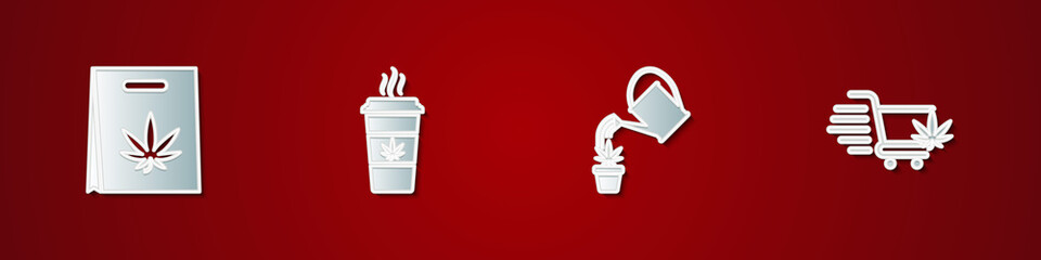 Set Shopping bag of marijuana, Cup coffee with, Watering can and cart icon. Vector