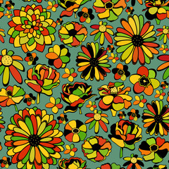 Seamless vector pattern with multicolored flowers with a black outline