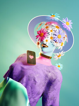 Surreal abstract women portrait with flowers over her face and head. People 3D illustration