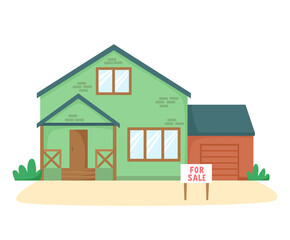 House for sale. Nice detached house with garage on sale. Flat style vector 