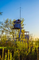 wooden lookout tower situated on a danube shore in bulgarian city ruse.
