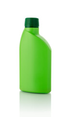 Liquid  houseplant fertilizer in a green plastic bottle with cap isolated on white background. Unlabeled container of mineral or organic fertilizer for and gardening design.