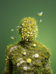 A human abstract figure made from natural organic materials such as wildflowers. Green living, People and the environment 3D illustration. - obrazy, fototapety, plakaty