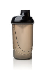 Protein shaker bottle isolated on white background. Translucent plastic container for mixing protein drinks. Empty closed lid shaker for sport food cocktail design template.