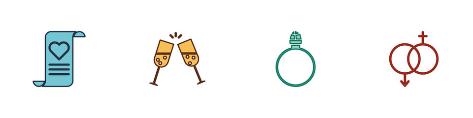 Set Envelope with Valentine heart, Glass of champagne, Diamond engagement ring and Gender icon. Vector