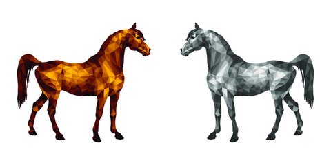 Fototapeta premium two horses stand opposite each other, isolated image on a white background in the style of low poly, amber and silver