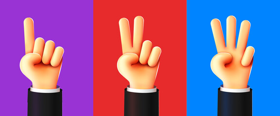 Cute 3D Hands counting one two three. Three steps or options concept.