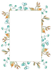 Hand drawn watercolor botanical frame with branches. Wedding Invitation.