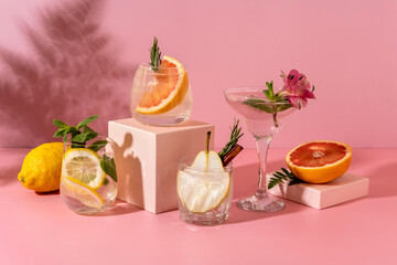 Hard seltzer cocktails with various fruits: pear, grapefruit, lemon. Refreshing colorful summer drinks on pink background with shadow fern.