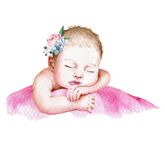 Cute watercolor baby illustration, sleeping newborn