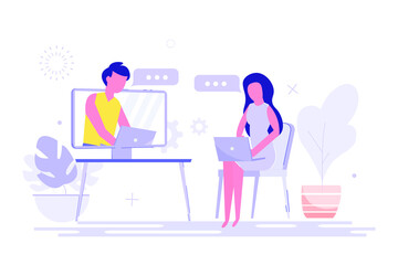 Concept girl and man communicate on the internet. The girl looks at the TV and sees the interlocutor. Vector illustration