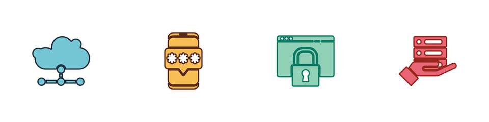 Set Network cloud connection, Mobile and password, Secure your site with HTTPS, SSL and Server, Data, Web Hosting icon. Vector