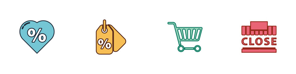 Set Discount percent tag in heart, , Shopping cart and building and text closed icon. Vector