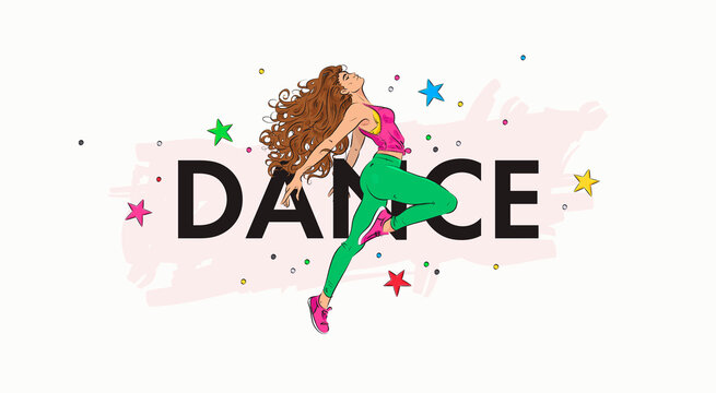 Dance studio landing web page, concept banner design template. Vector illustration of dancing woman
