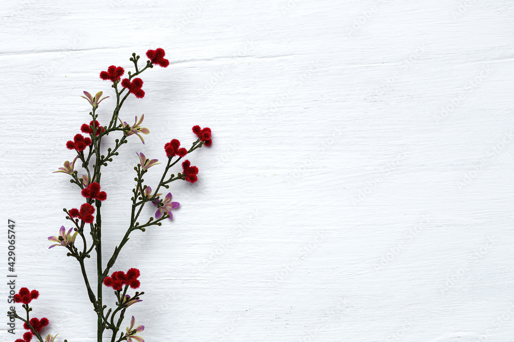 Wall mural white wood plank texture for background with flowers