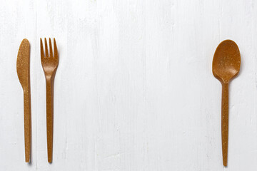 White wood plank texture for background recyclable cutlery