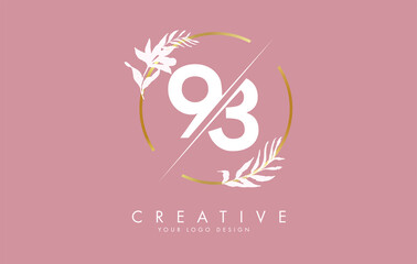 Number 93 9 3 logo design with golden circle and white leaves on branches around. - obrazy, fototapety, plakaty