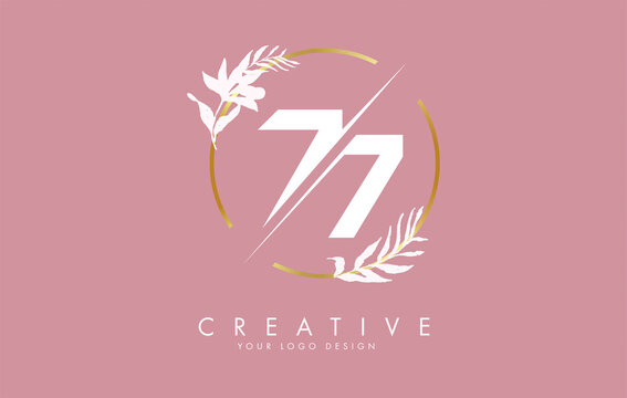 Number 77 7 logo design with golden circle and white leaves on branches around.