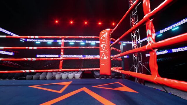 Red corner of empty boxing arena in the light of a spotlight 4k video. High quality 4k footage