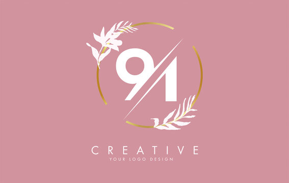 Number 91 9 1 logo design with golden circle and white leaves on branches around.