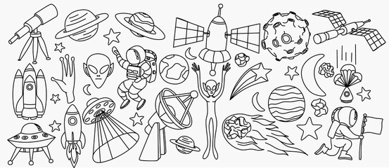 Space doodles set. Astronomy. Cosmic sketches. Zodiac. Planets. Moon and stars. Sun. Spaceship. Meteor. Comet. Alien. Asteroid. Cosmic set. Constellation. Space stickers. Universe scribbles. Galaxy.
