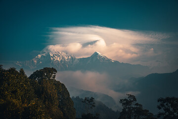 Sunset above Annapurna valley Himalayn mountain near Machapuchare