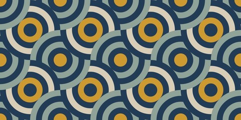 Seamless pastel pattern in 60s style. Template for fabric or wrapping paper. Circular luxury ornament. Abstract geometric pattern. Textile design. Fashionable color combinations. Circles. Olive.