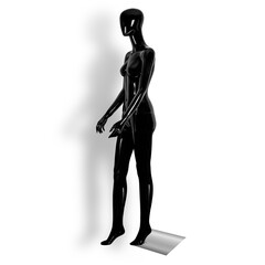 Modern plastic black mannequin with elongated limbs for designers isolated on white background. Side view