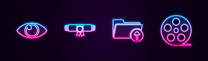 Set line Eye, Diploma rolled scroll, Download arrow with folder and Film reel. Glowing neon icon. Vector