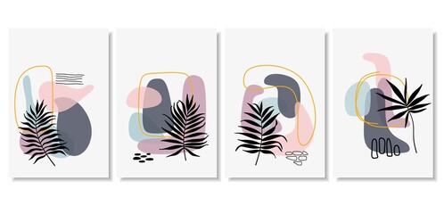 Abstract backgrounds with minimal shapes and line art leaf. 