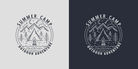 Summer Camp Badges.Logo for camping activities in wildlife.Emblem for scout with tent,bonfire, mountain,river and forest.Time for fun and activity programs in summertime holiday.Vector illustration. - obrazy, fototapety, plakaty