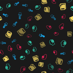 Set line Bitcoin plant in the pot, Brain as digital circuit board, Smart contract and Cryptocurrency cloud mining on seamless pattern. Vector