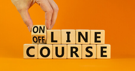Online or offline course symbol. Businessman turns the cube, changes words 'offline course' to...