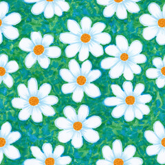 Chamomile in the meadow. Seamless pattern on a white background. Summer, botanical, natural, feminine pattern. Hand-drawn. For seasonal design, printing on fabric, paper.