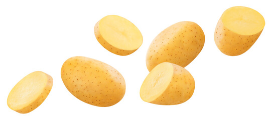 Falling raw potatoes isolated on white background