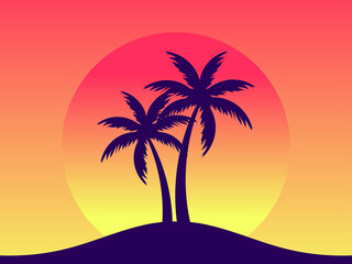 Fototapeta na wymiar Palm trees against a gradient sun in the style of the 80s. Synthwave and retrowave style. Orange color. Design for advertising brochures, banners, posters, travel agencies. Vector illustration