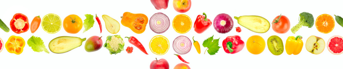 Large size seamless pattern. Multicolored vegetables and fruits isolated on white