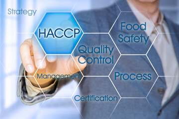 HACCP (Hazard Analyses and Critical Control Points) - Food Safety and Quality Control in food industry concept with business manager pointing to icons against a digital display