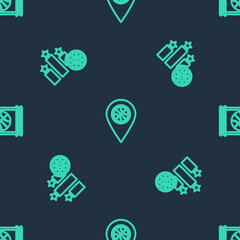 Set line Location with basketball ball, Sports winner podium and Basketball game video on seamless pattern. Vector