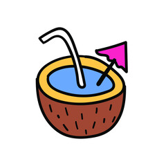 coconut cocktail with umbrella in doodle style . Vector illustration