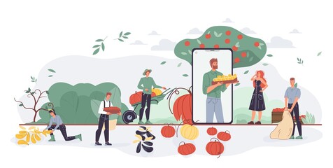 Vector cartoon flat farmer characters harvesting,people workers pick vegetables,sell them using smartphone mobile device-organic farming,online health food store concept for web banner,ad,site design