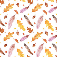 Seamless watercolor autumn pattern with falling leaves and feathers. Perfect for your designs, postcards, wallpapers, textiles, etc.