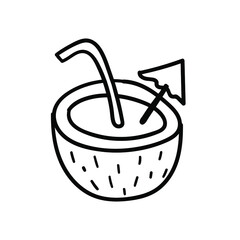 coconut cocktail with umbrella in doodle style . Vector illustration