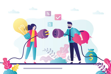 Office workers connecting plug and outlet. Female character holds light bulb. Two business people make deal