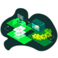 3D printing process on special equipment from sketch to implementation of the result on a dark green turquoise background