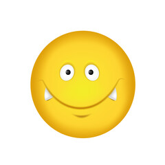 Cheerful emoticon. Smiling face in yellow with vampire fangs. Vector illustration